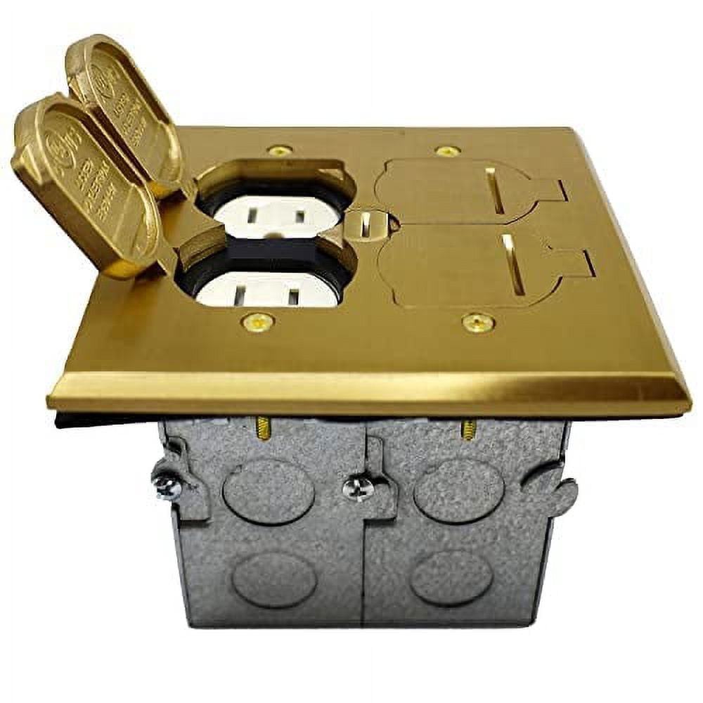 SELECT Lighting SLFB-2G-TR20-LV-BR 20A Receptacle Outlets, Tamper Resistant Electrical Floor Box with Flip Lid and Brass Cover, Retractable Recessed Socket for Kitchen, Countertops & Floors