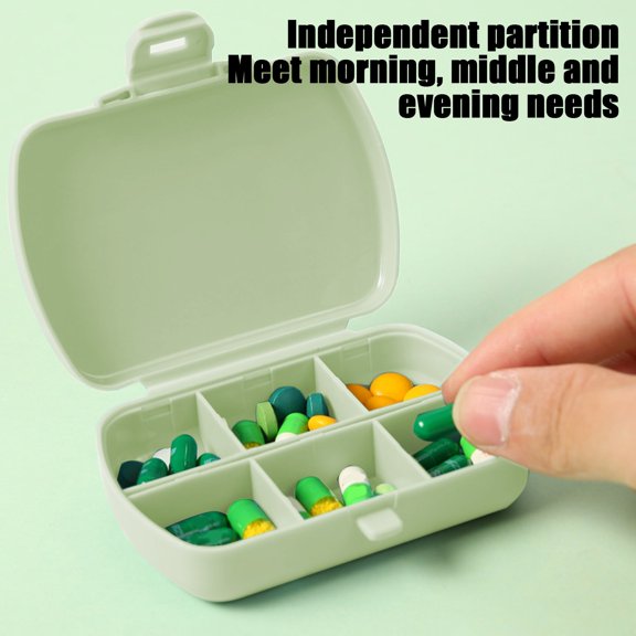 1 Pack 6 Compartment Small Pill Box, Moisture Proof Pill Case, Travel Pill Organizer for Pocket Purse, Daily Portable Medicine Vitamin Box, Fish Oil Box, Supplement Box, Green