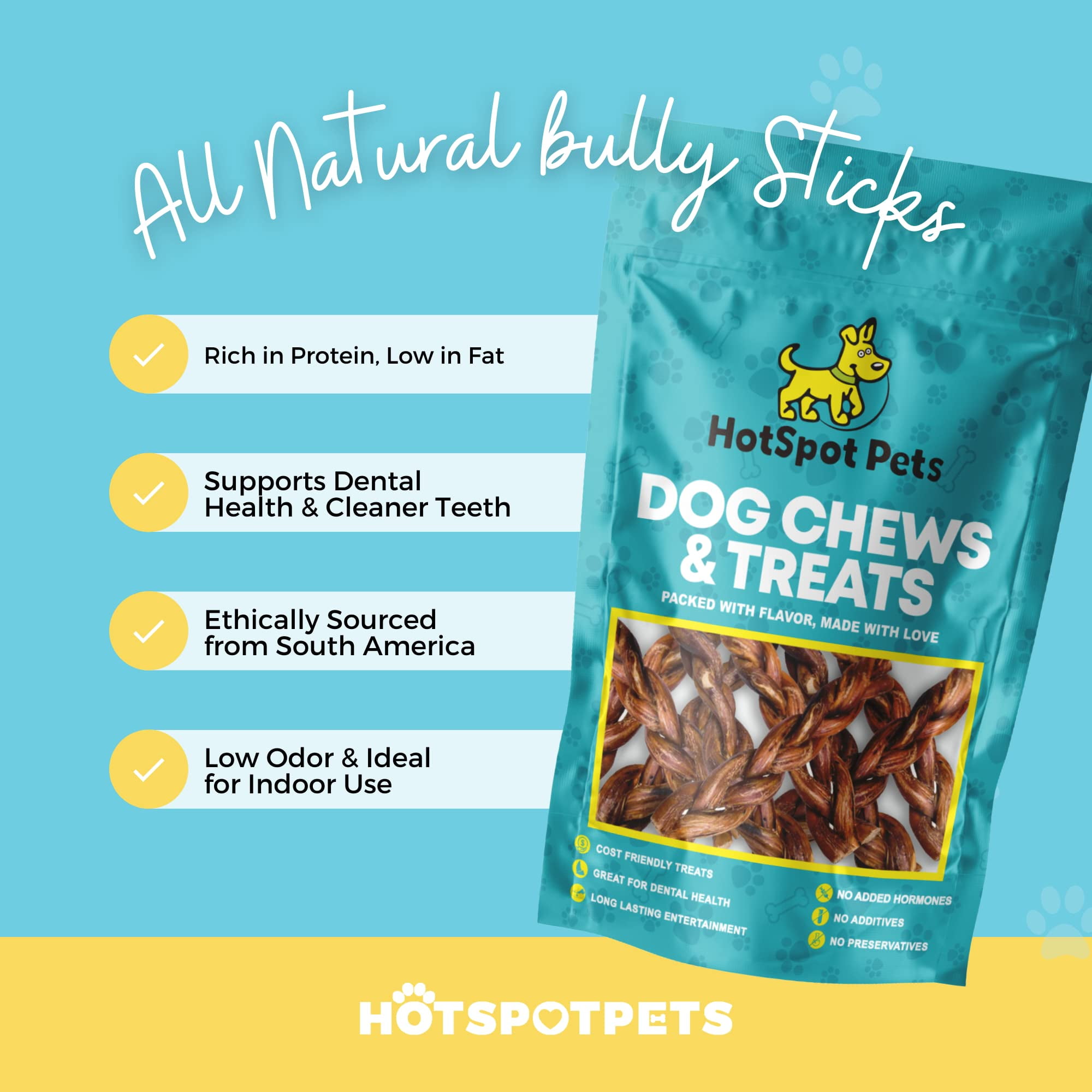 HotSpot Pets Braided Bully Sticks for Dogs (12 Inch - 5 Count) - Premium All Natural Long Lasting Twisted Beef Pizzle Dog Chew Treats - Grain Free Fully Digestible Rawhide Alternative