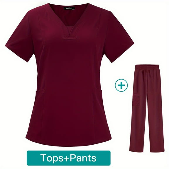Women's Medical Uniform Scrubs Set Medical Scrubs Top Pants Short Sleeve Pockets Blouse Solid Color Work Cloth V-Neck Top Drawstring Pants