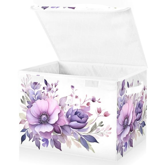 Large Lidded Foldable Storage Baskets Cubes Boxes Lids Bin for Home Bedroom Office Flowers Purple