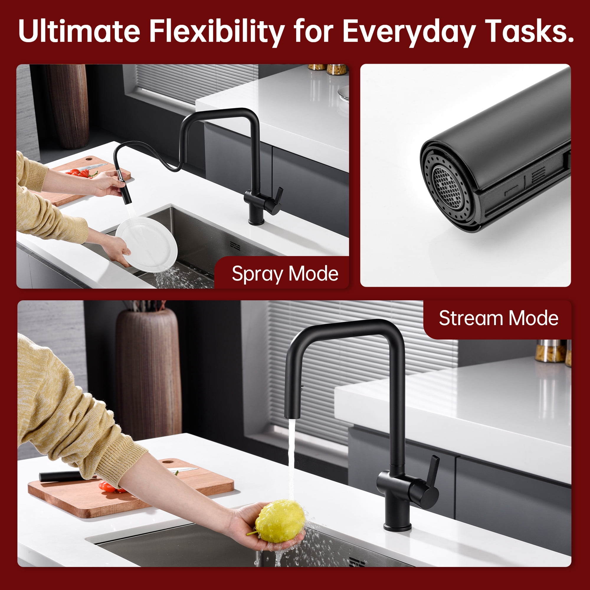 SUMERAIN Lead Free Stainless Steel Kitchen Faucet with Pull Down Sprayer, Matte Black Kitchen Sink Faucet