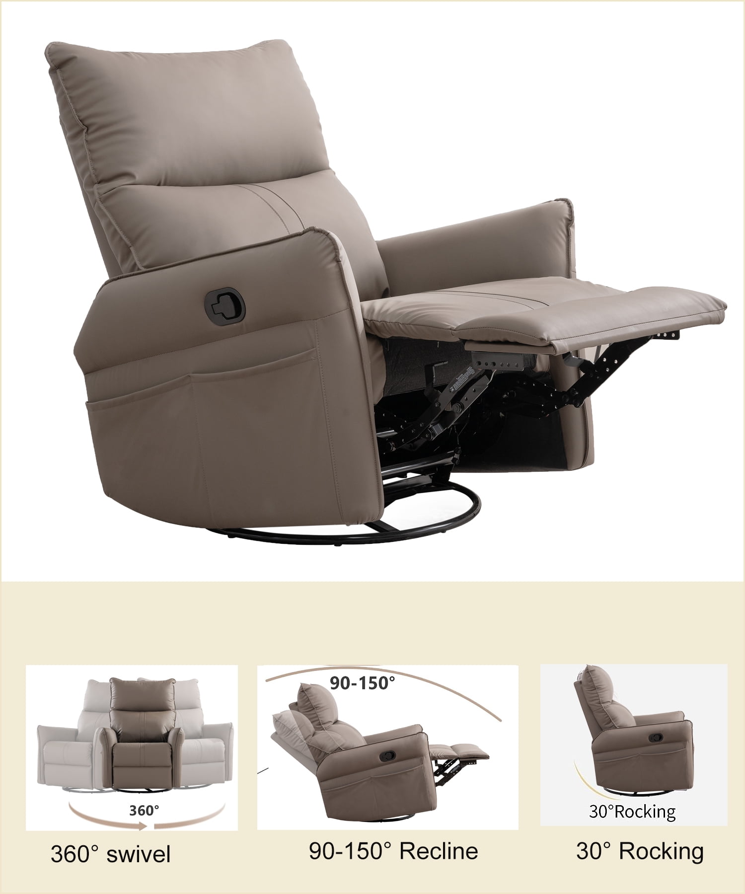 Dinosisco Swivel Glider Rocker Recliner, Home Theater Lounge Chair, Brown Faux Leather