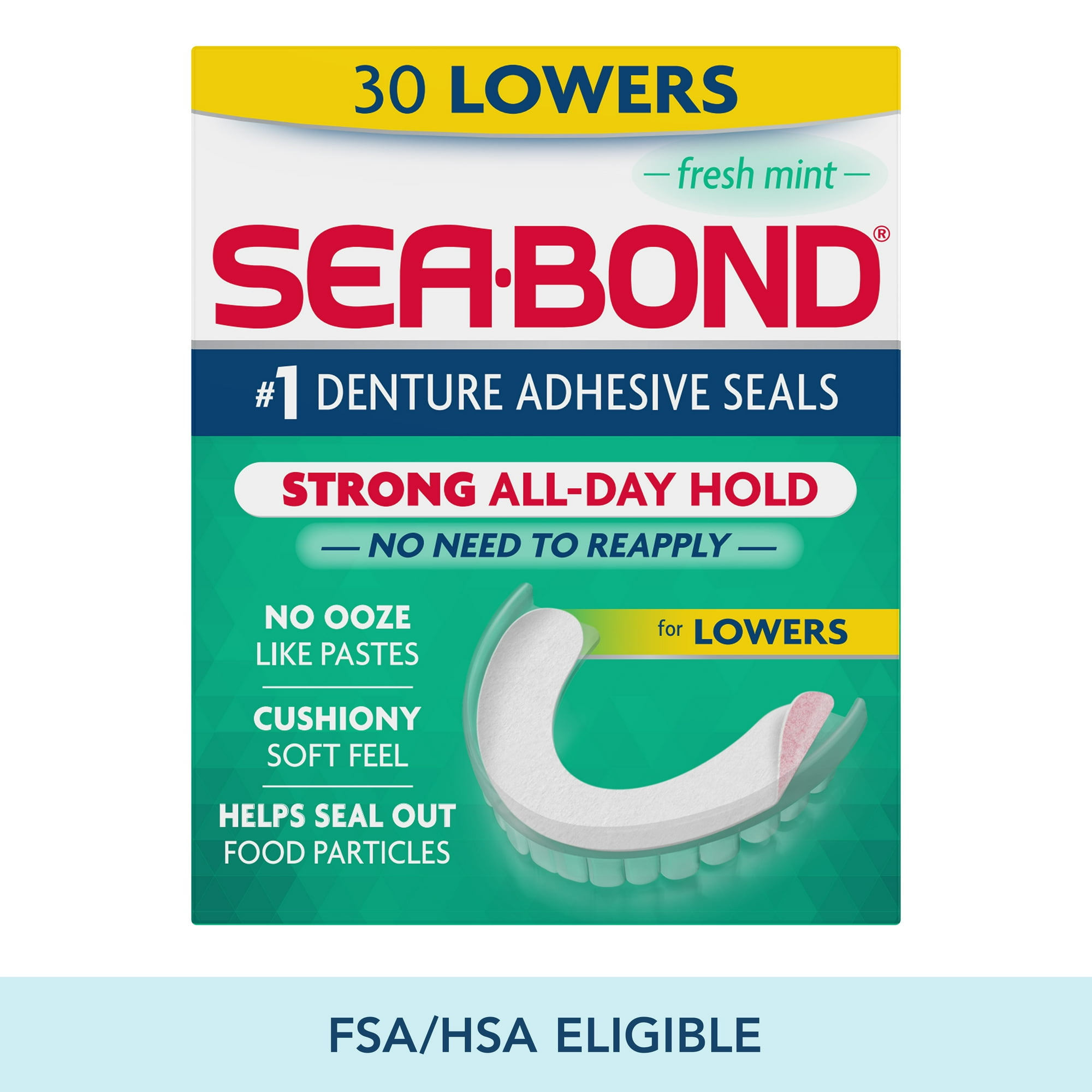 Sea Bond Secure Denture Adhesive Seals, Fresh Mint Lowers, Zinc-Free, All-Day-Hold, Mess-Free, 30 Count