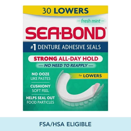 Sea Bond Secure Denture Adhesive Seals, Fresh Mint Lowers, All-Day-Hold, Mess-Free, 30 Count