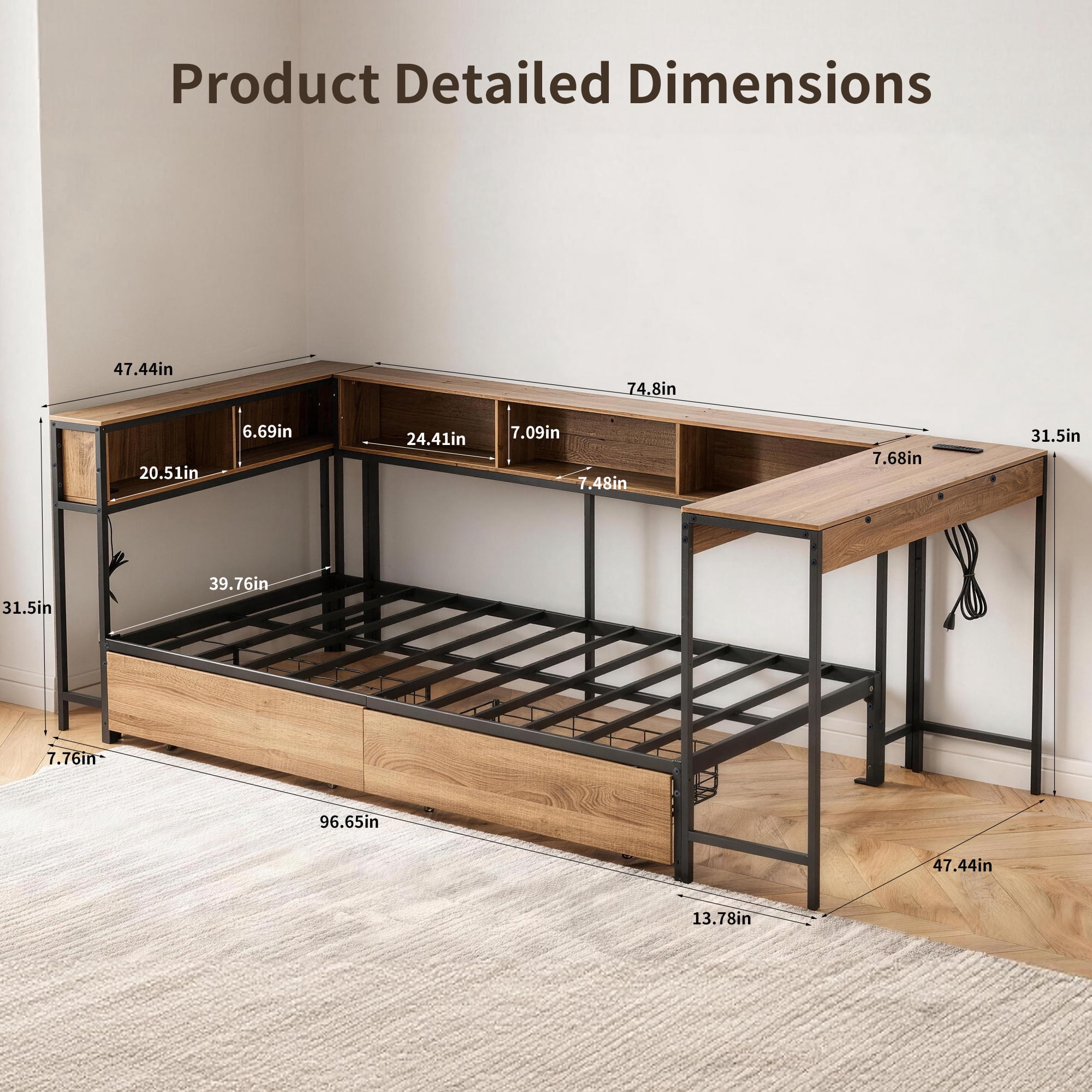 Miniyam Twin Corner Bed Frame with Desk and Storage, Bookcase Headboard, 2 Drawers, LED Lights, Charging Station, Rustic Brown