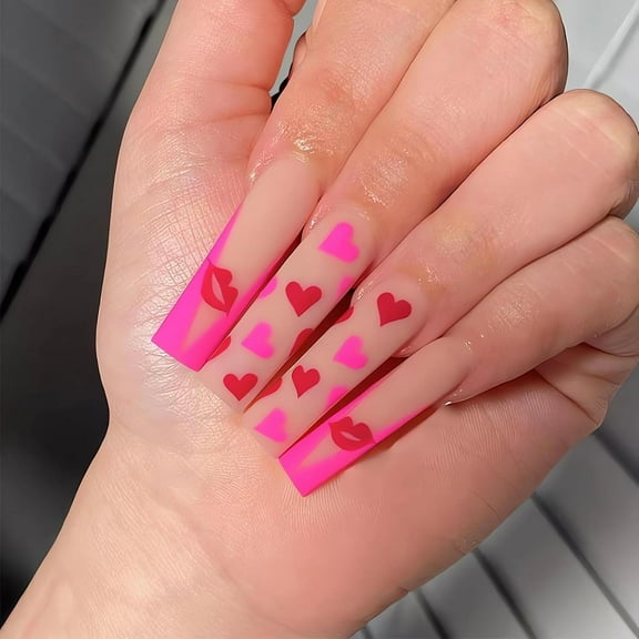 Almond Heart Press on Nails Glossy Pink Fake Nails Medium Length Acrylic False Nails with Red Small Hearts Design Reusable Artificial Nails Press ons Valentines Glue on Nails for Women 24Pcs 28