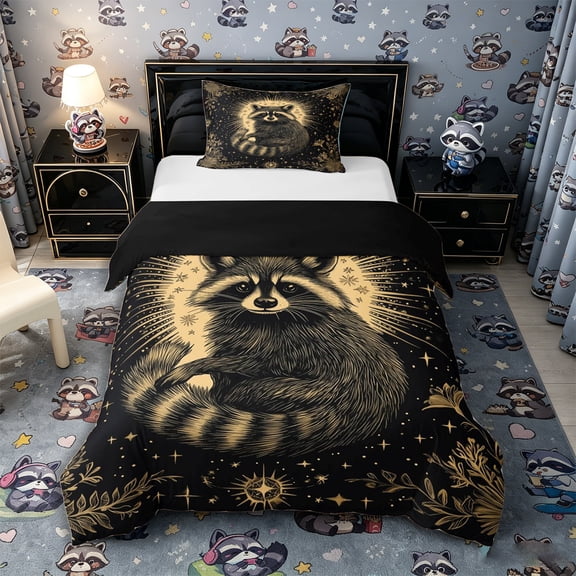 Castle Fairy Kawaii Animal Raccoon Twin Duvet Cover,Vintage Gold Floral Starry Sky Twin Bedding,Black Cream,Black Reversible,2pcs,No Comforter,1 Duvet Cover and 1 Pillowcase
