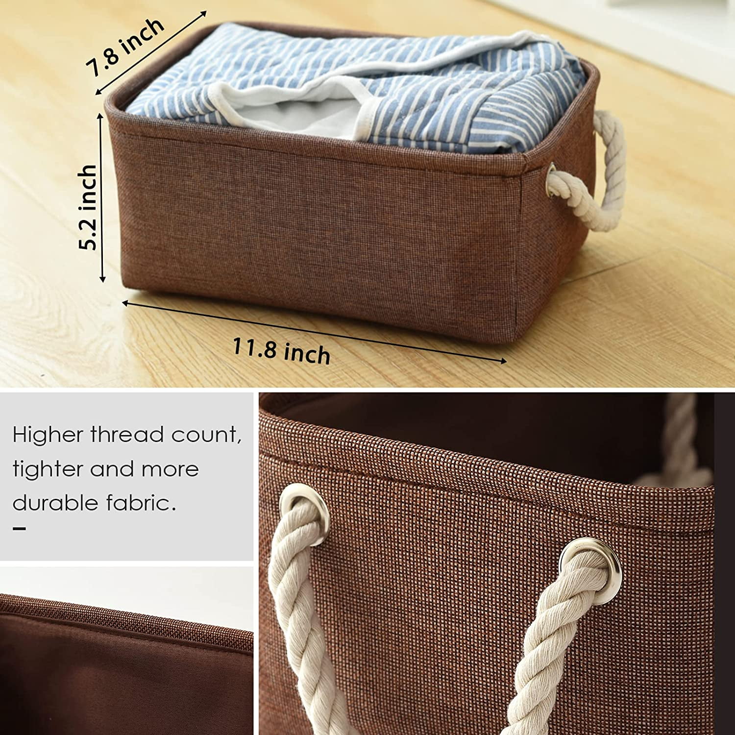 Tegance Small Storage Baskets for Shelves, Storage Cube Organizer, Storage Bins, 12 x 8 x 5 Inches, Rectangle Canvas Fabric Collapsible Shelf Box with Handles, Brown