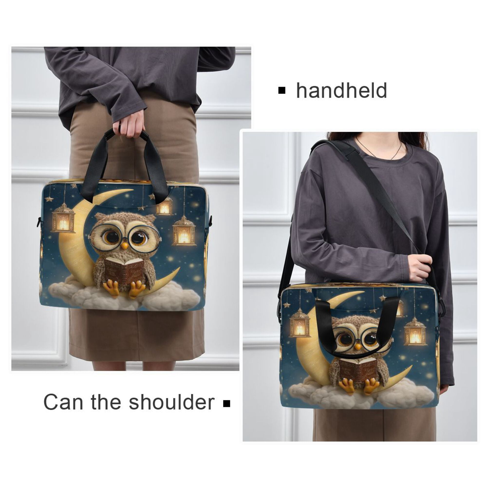 16" Laptop Briefcase, Detachable Anti-Slip Shoulder Strap, Multi-Compartment Work Travel Bag Cute Owl
