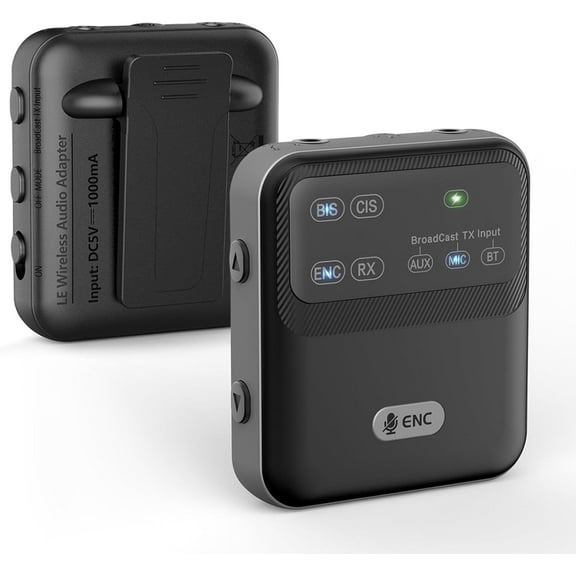 Bluetooth 5.4 Audio Receiver, Clip-on AAC LC3 Wireless Broadcast Adapter with ENC Mic for Church Translation Tour Guide 3.5mm AUX Wireless Audio Adapter for Home Stereo Music Streaming