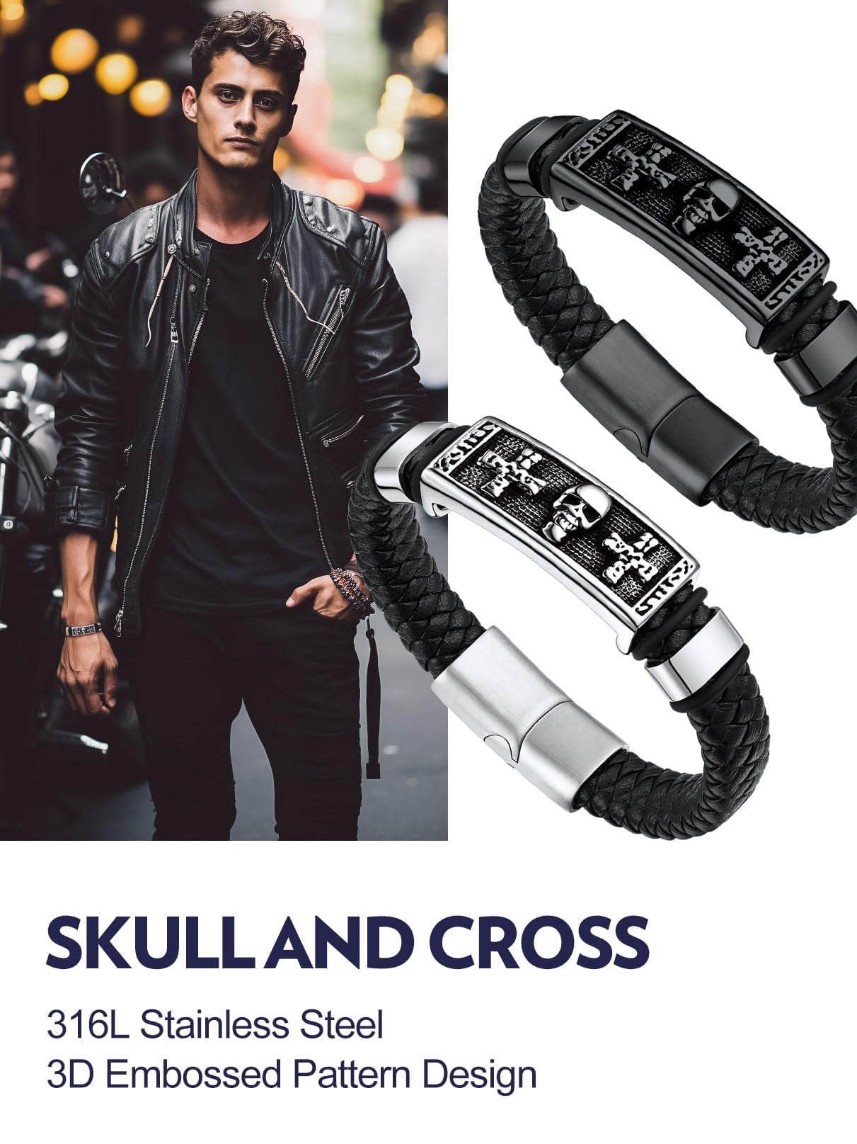 Bandmax Black Punk Gothic Skull Cross Bracelets for Men Women Black Braided Leather Cuff Wristband with Adjustable Buckle Halloween Birthday Father Day Gift for Dad Son Husband Grandpa