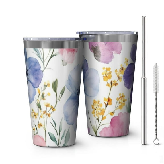 16oz Tumblers Watercolor Floral Pattern Stainless Steel Vacuum Insulated Double Wall Travel Tumbler Cups Mug with Lid and Straw,Cleaning Brush for Coffee,Tea