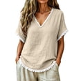 thumbnail image 2 of TGSLY Women's Fringe Trim Linen Tops Lightweight Soft V Neck Short Dolman Sleeve Blouses Loose Fit Dressy Casual Solid Color Tshirts S, 2 of 7
