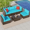 thumbnail image 5 of Patio Furniture Set, Walsunny 6 Piece All Weather Outdoor Sectional Sofa, Wicker Patio Conversation Set with Cushions and Tempered Glass Table for Backyard Porch, Blue, 5 of 7
