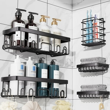 Ophanie Adhesive Shower Caddy 5 Pack, Large Capacity Bathroom Organizers and Storage, No Drilling Wall-Mounted Basket, Black