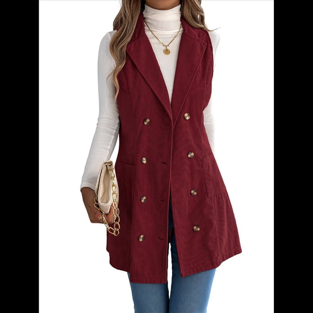 Vestido de Mujer Color Caqui con Bloques de Color, Otoño, Larga, Rayas, Blazer Falso para Mujer. Vino Tinto S
