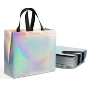LeeCHee 15 Pcs Glossy Iridescent Gift Bags,12.6x4.7x11 Inch Reusable Goodie Bags Bulk, with Black Handles,Christmas Gift Bags for Birthday, Wedding, Easter, Holiday Party