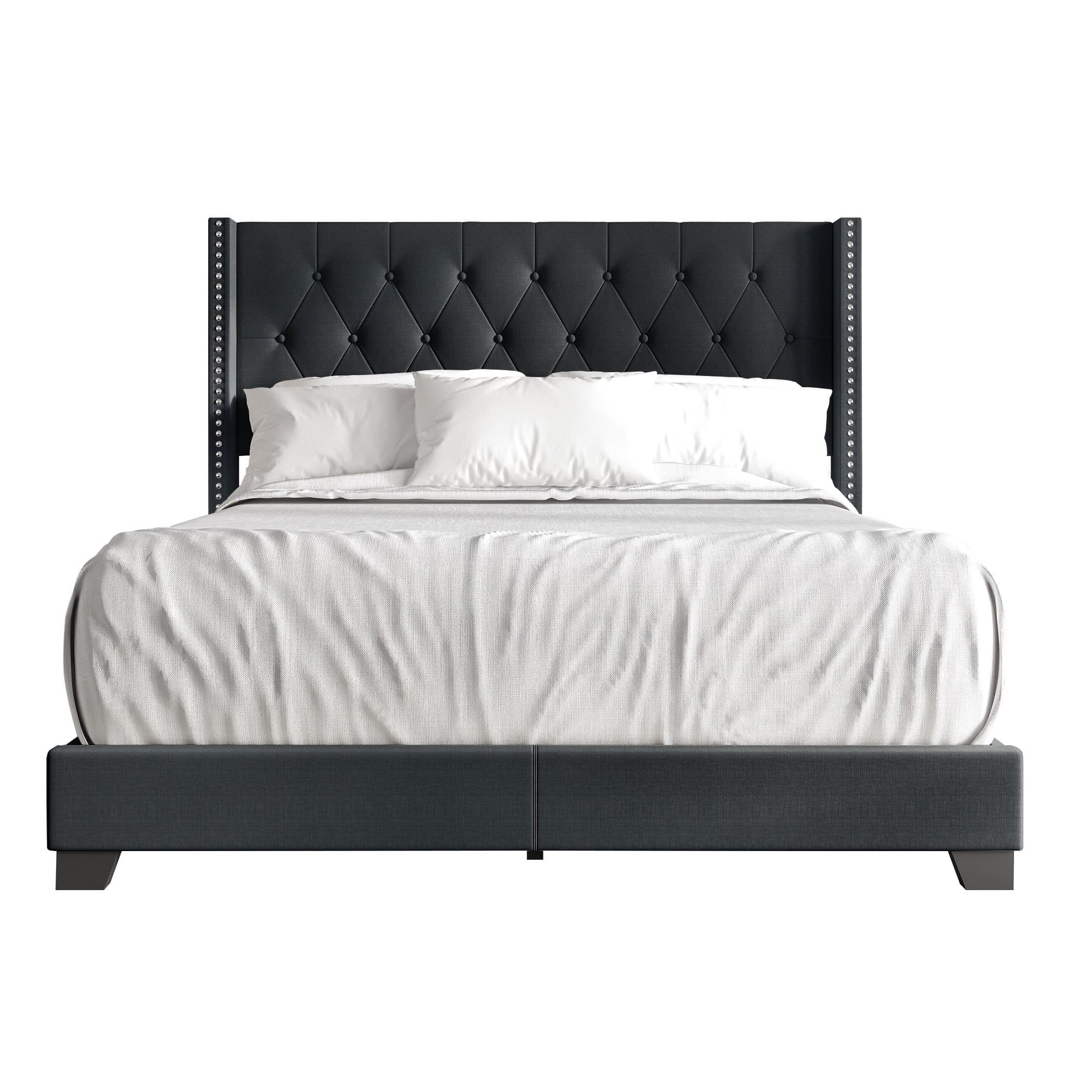 Castle Place Nailhead Trim Wingback Linen Upholstered Bed, Charcoal Grey, Twin
