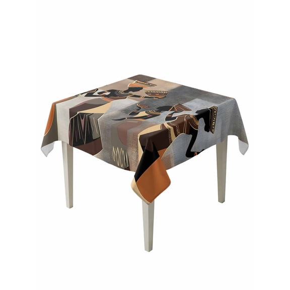 Black Brown Girls Boho Table Cloth, Grey Vintage Ethnic Abstract Art Waterproof Tablecloth for Square Tables, Reusable Washable Fabric Table Cover for Restaurant Kitchen Dining Tables 60"x60"