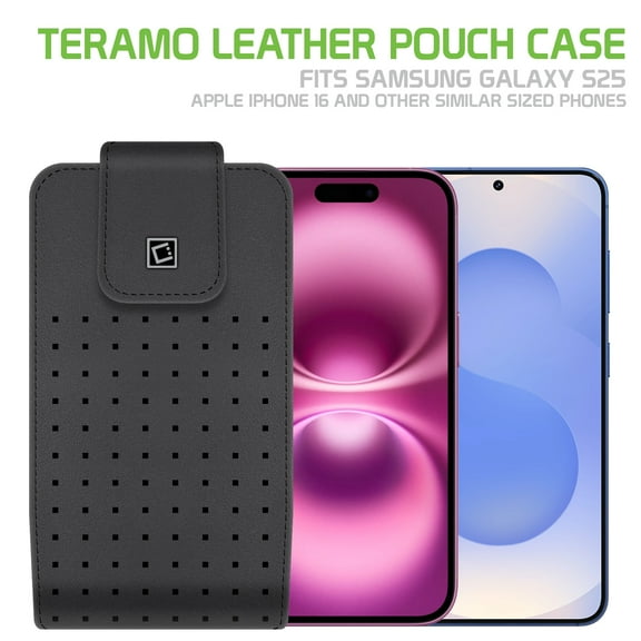 Cellet Teramo Leather Phone Holster with Belt Clip – Compatible with iPhone 16 Pro,  Samsung Galaxy S25 & Similar Sized Phones – 360° Rotating Swivel Clip, Premium Leather Pouch with Magnetic Closure