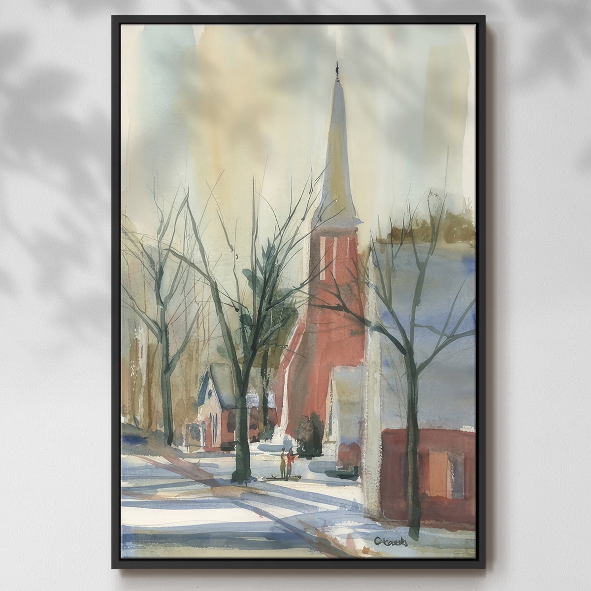 New England Main Street - Framed Gallery Wrapped Holiday Canvas - 27 x 41 - Black Frame