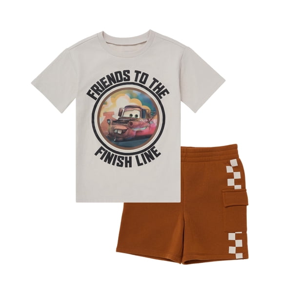 Disney Pixar Cars Lightning McQueen Toddler Outfit for Boys, 2PC T-Shirt & Fleece Shorts Set (Tan, 2T)