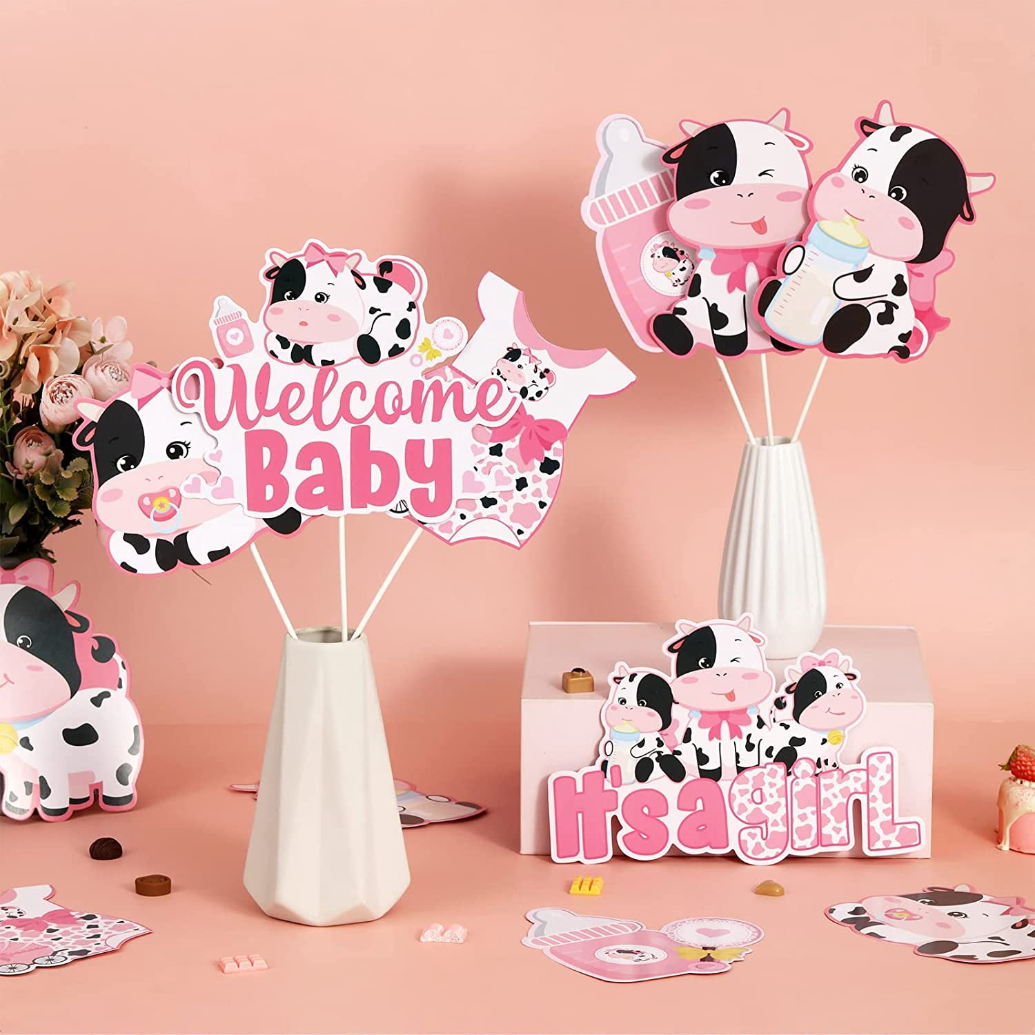 24 Pieces Cow Centerpieces for Tables Baby Shower, Cow Theme Table Toppers, Cow Baby Shower Centerpieces Decorations Girl for Farm Animal Birthday Party Supplies
