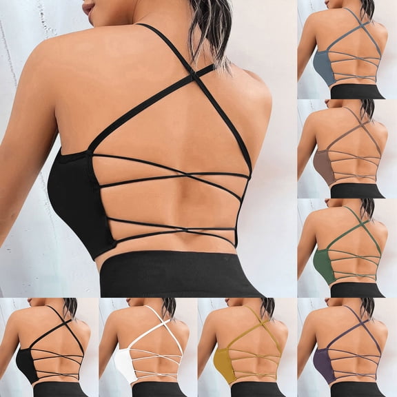 Strappy Sports Bras for Women High Support Longline Open Back Workout Tops Padded Cross Yoga Crop Tank Built in Bra