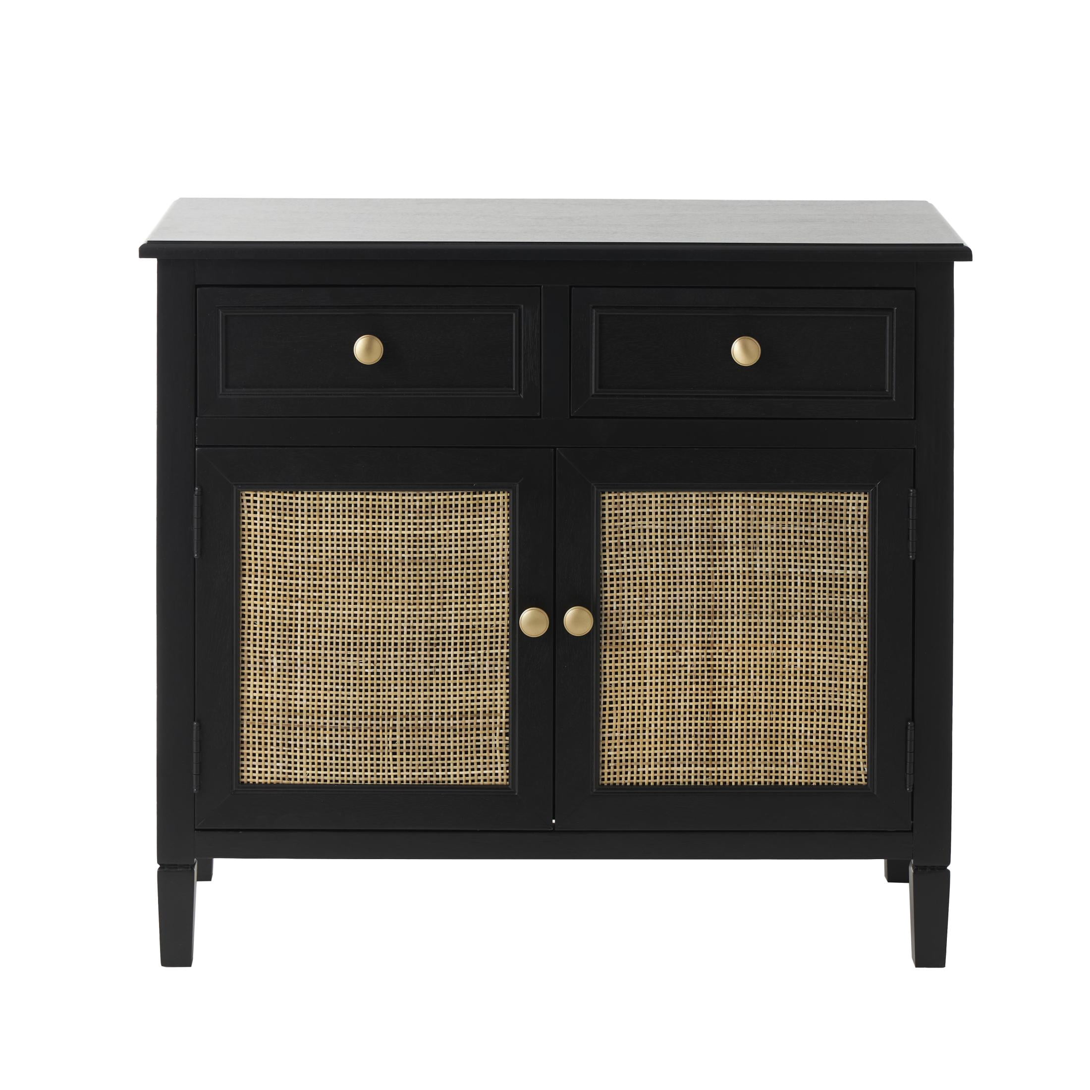 DecMode 30" x 26" Black Wood Handmade 2 Door and 2 Drawer Cabinet with Rattan Front, 1-Piece
