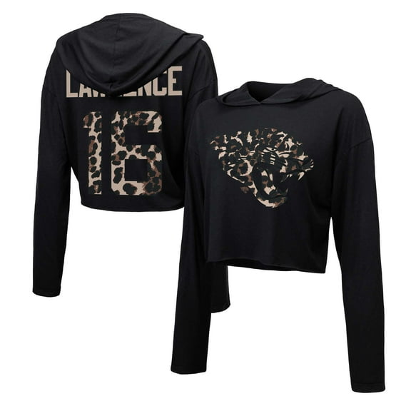 Women's Majestic Threads Trevor Lawrence Black Jacksonville Jaguars Leopard Player Name & Number Long Sleeve Cropped