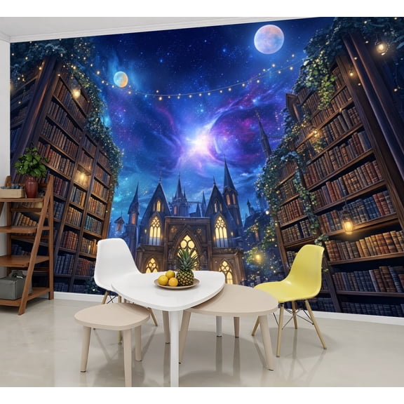 Wallpaper Fantasy Bookshelf Space Library Gothic Galaxy Castle Peel and Stick Wall Murals 69"H x 96"W Removable PVC Wall Paper Self-Adhesive Wall Paintings Art Decor for Book Lovers Bookworm