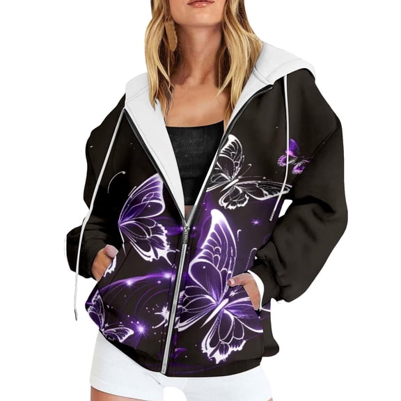 XIAONU Cozy Zip Up Hoodie For Women Long Sleeve Drawstring Hooded Butterfly Print Sweatshirt Soft Trendy Daily Outing Hoodies