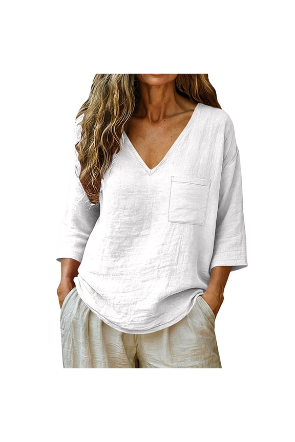 Linen Shirts for Women Boho V Neck Cotton Tops Blouse Loose Dressy Beach Tunic Long Sleeve Spring Summer Clothes White XL