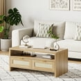 thumbnail image 2 of Mid Century Modern Rattan Coffee Table - Rectangular Wooden Center Table with 2 Storage Drawers & Open Shelf - Boho Living Room Furniture - Ideal for Home or Office - Brown, 2 of 8