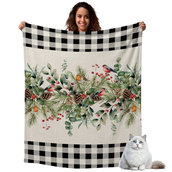Throw Blanket for Couch, Christmas Pinecone Eucalyptus Leaves Soft Cozy Warm Flannel Blanket 40x50in, Black Buffalo Plaid Lightweight Fleece Throw Blankets for Sofa Bedroom Office All Season Use
