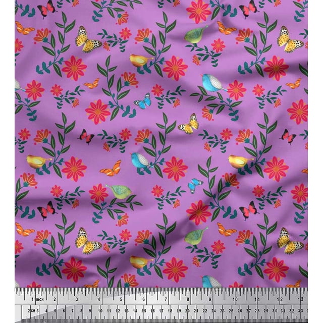 Soimoi Purple Poly Georgette Fabric Insect,Bird & Floral Artistic Decor Fabric Printed BTY 52 Inch Wide