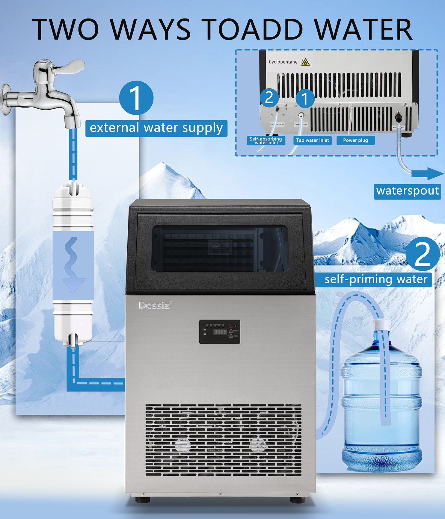 Dessiz Commercial Ice Maker Machine, 130Lbs/24H with 40Lbs Large Capacity, 55Pcs Ready in 8-15Mins, Under Counter Stainless Steel Ice Machine for Home Party Bar, Self-Cleaning and Quite