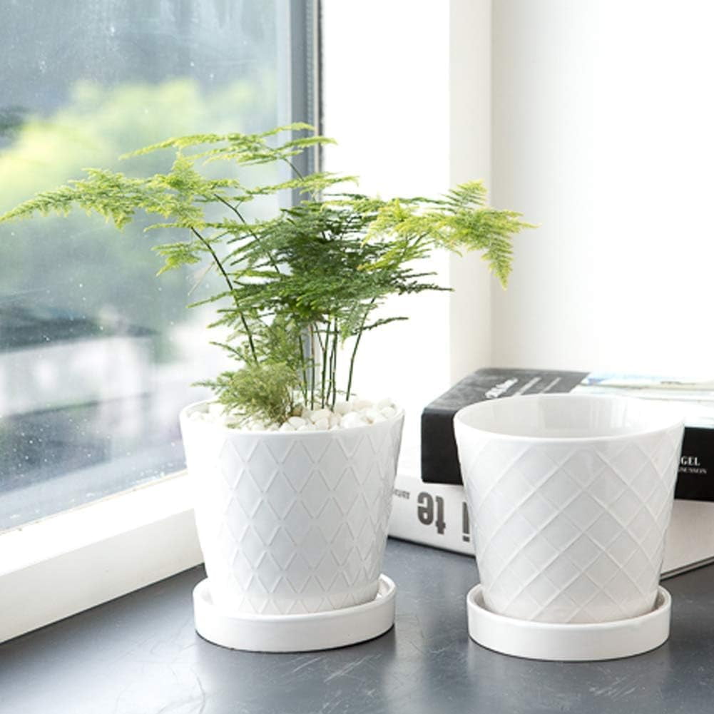BUYMAX 5" Ceramic plant pots with drainage hole and tray, 4-Pack-4-patterns, gardening home desktop office windowsill decoration， white flower pots indoor
