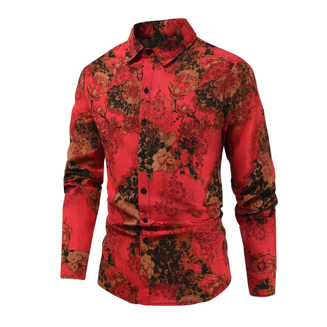 Blusa y camisa de manga larga con cuello vuelto para hombre, blusa informal estampada con botones y manga larga con cuello vuelto, blusa de lino para hombre