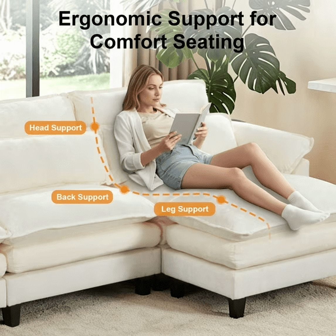 Howcool 113" Modular Sectional Sofa with Movable Ottoman, L Shaped Comfy Cloud Couch, Deep Seat 3-Seat Convertible Sofa, USB Ports & Side Pockets, Chenille Fabric,Beige