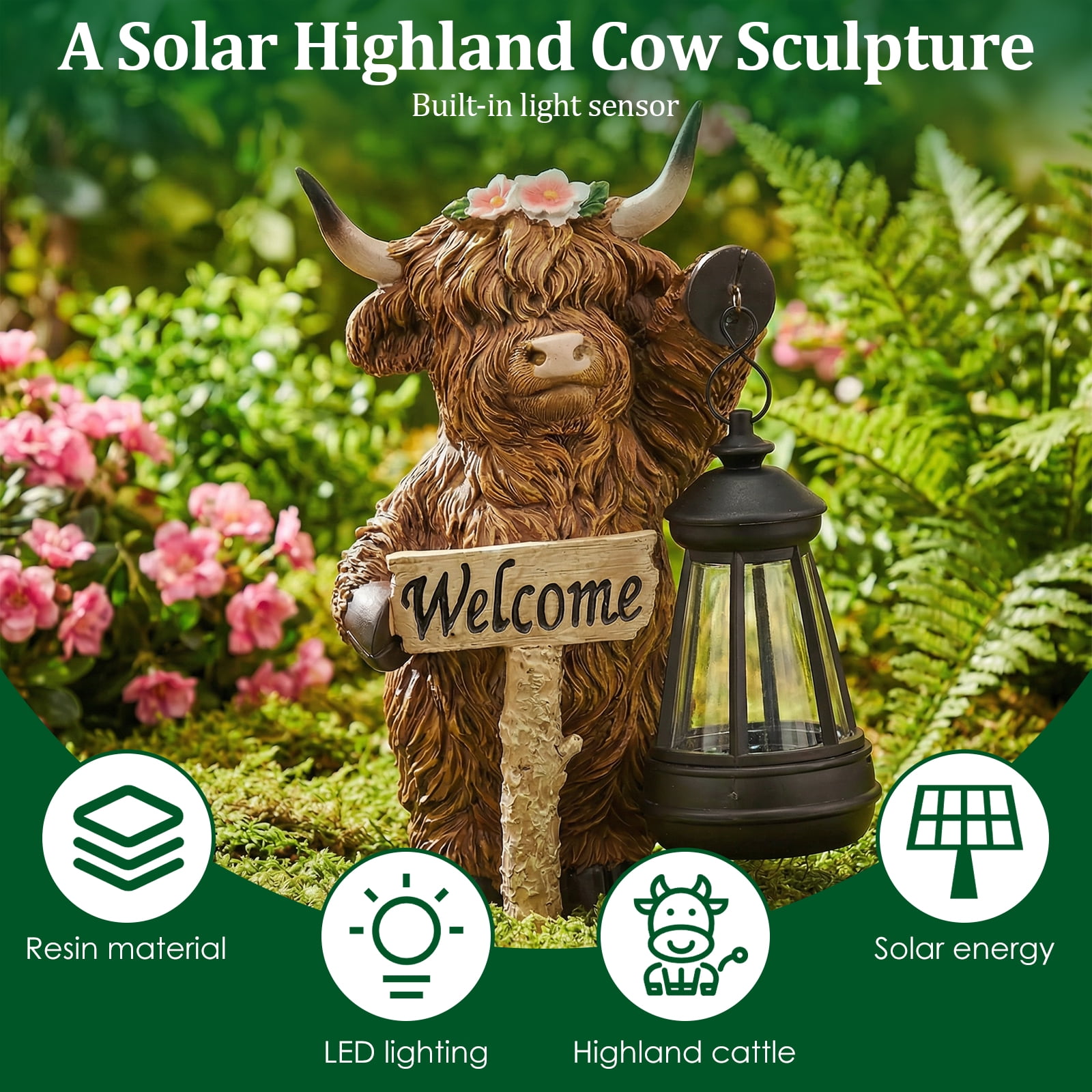 Threns Solar Highland Cow Garden Outdoor Statue,Highland Cow Figurines Sculpture with Light,Patio Balcony Yard for Pasture,Farm Theme Housewarming Gifts for Women Mom