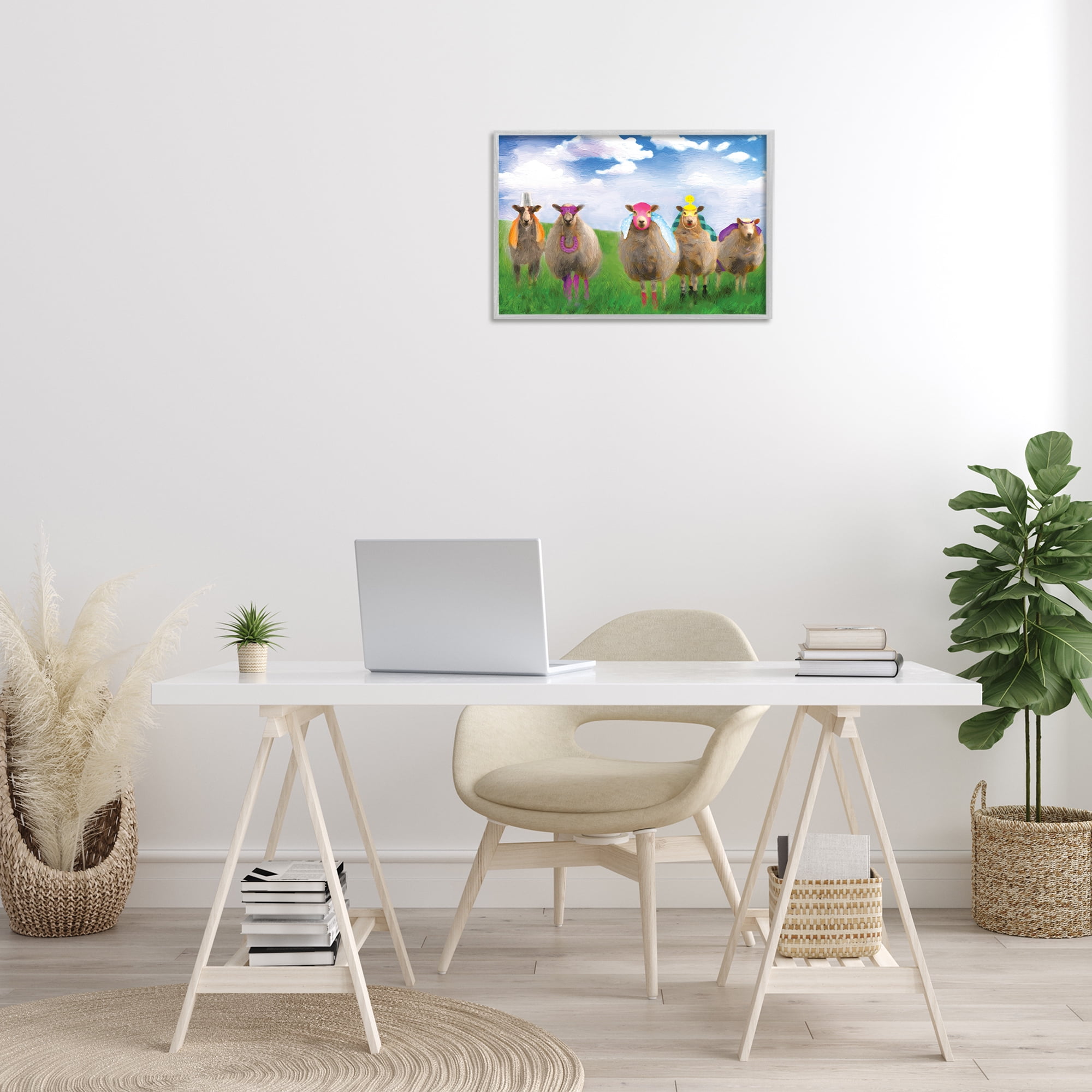 Stupell Industries Superhero Sheep in Field Animals & Insects Painting Gray Framed Art Print Wall Art, 24 x 16