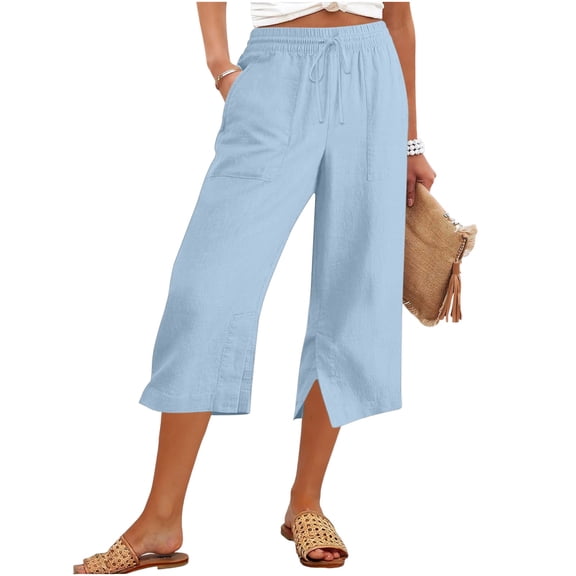 cocolona Womens Summer Loose Side Split Capri Pants Casual Dressy Elastic Waist Straight Work Cropped Pants