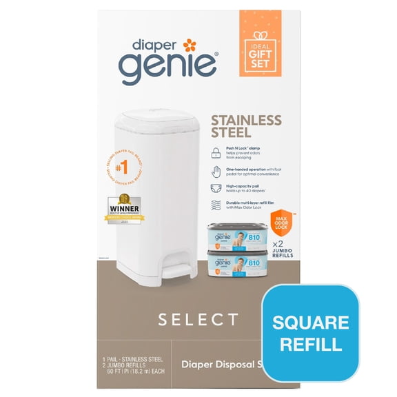 Diaper Genie Select Gift Set,White,Stainless Steel,1 Diaper Pail,2 Jumbo Square Refills-1620 Count, Infant