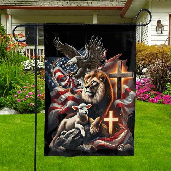 Lotusprinthandmade Lion with Jesus Eagle America Garden Flag 12x18 inches, religious-themed outdoor flag
