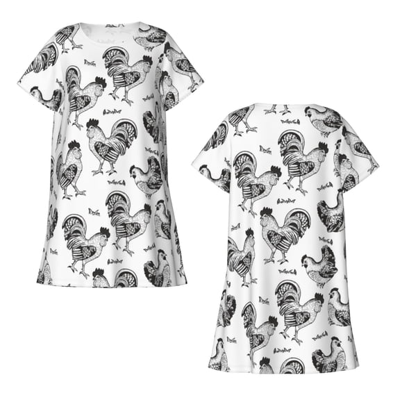 Horeoi Retro Rooster Print Women's Short-sleeved Nightdress Breathable Cotton-like Material Loose A-line Knee-length