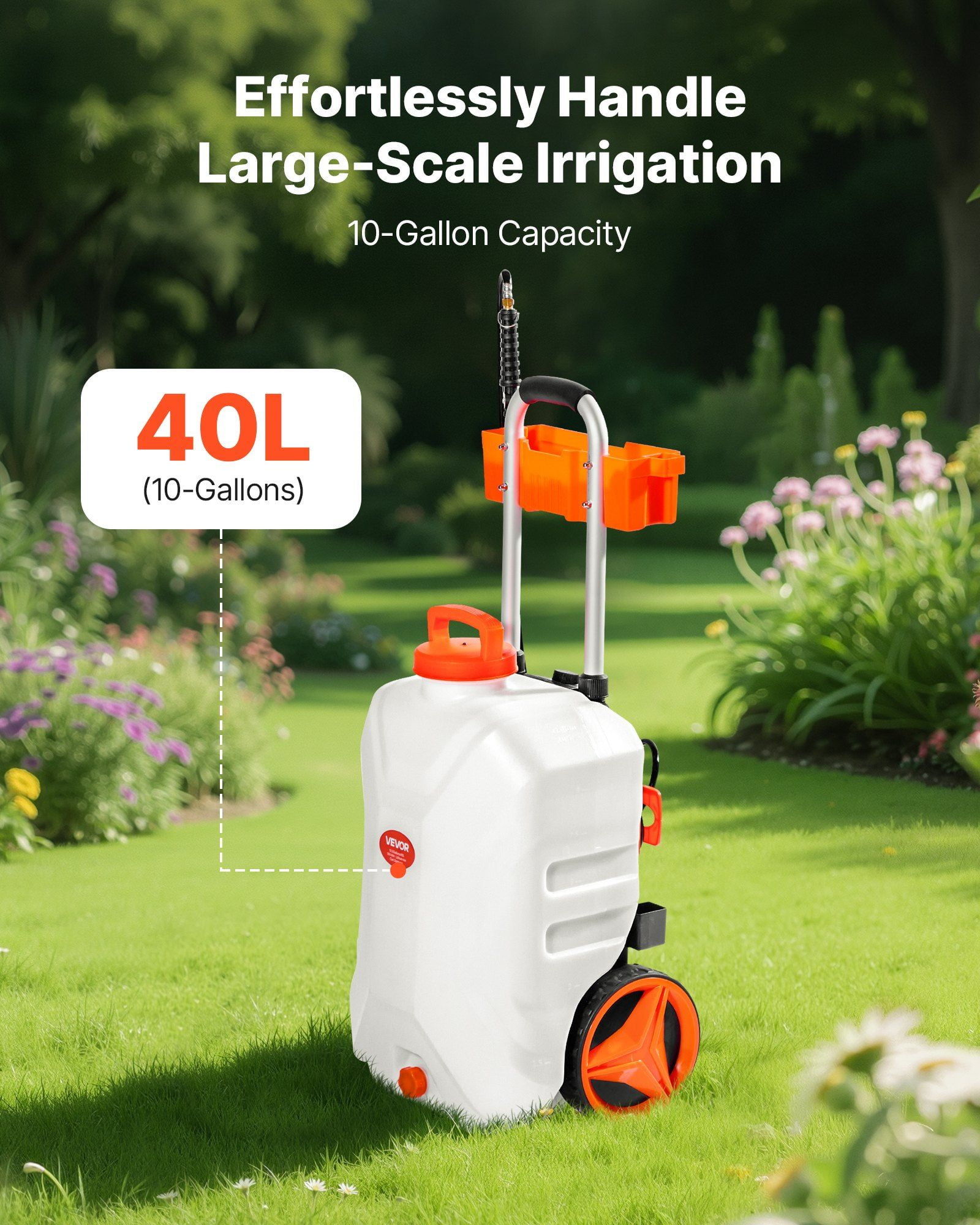 Electric Weed Sprayer 10 Gallon Battery Powered Adjustable Pressure 0-80 PSI 5 Nozzles 98 Foot Hose 3-6 Hour Spraying Time Wheeled Cart for Weeding and Cleaning