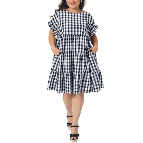 Agnes Orinda Women's Plus Size Easter Gingham Dresses 1950s Plaid Round Neck Ruffle Sleeve Tiered Babydoll Summer Casual Midi Dress with Pocket 1X Black