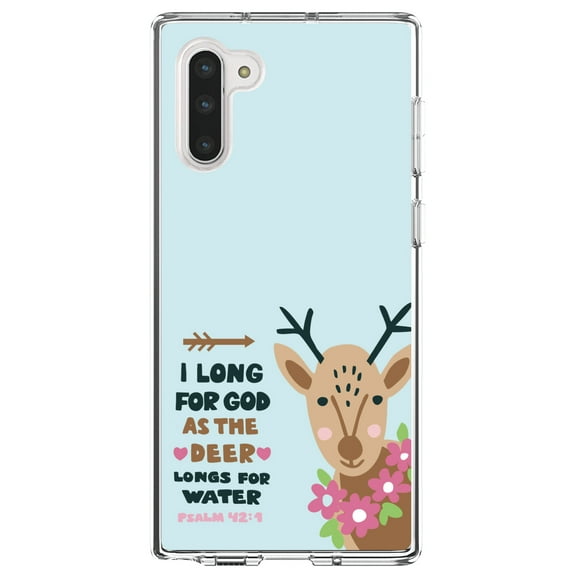DistinctInk Clear Shockproof Hybrid Case for Samsung Galaxy Note 10 (6.3" Screen) - TPU Bumper, Acrylic Back, Tempered Glass Screen Protector - Psalm 42:1 - Long for God as the Deer Water